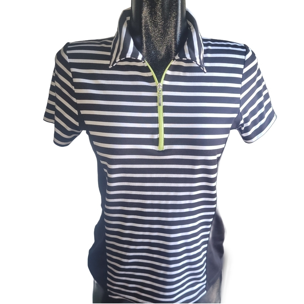 Weekend By Chico's Black and White Striped Polo Top Size M